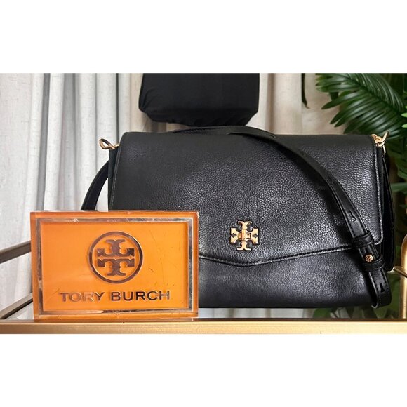 Tory Burch Black Leather and Suede Kira Handbag With Gold Logo Accents & Adjusta - Picture 13 of 13